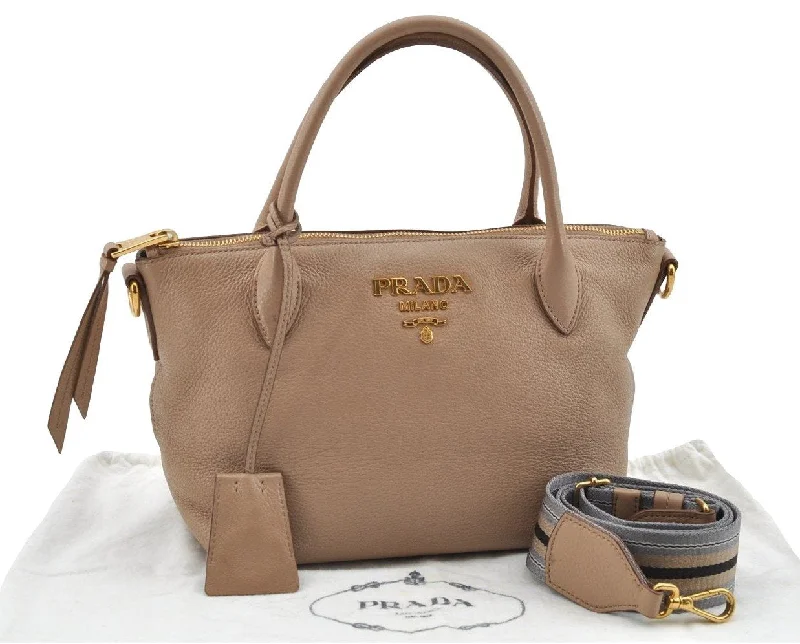 Prada bags with a zip - top closure and multiple interior pockets for organizationAuthentic PRADA Leather Nappa 2Way Shoulder Cross Body Hand Bag Beige 2162I