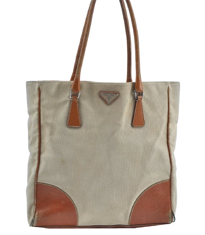 Prada tote bags with a spacious interior and a magnetic - snap closureAuthentic PRADA Canvas Leather Shoulder Tote Bag Purse Beige Brown J9563