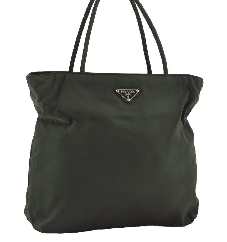 Prada Cahier bags featuring the signature triangular logo plaqueAuthentic PRADA Vintage Nylon Tessuto Tote Hand Bag Purse Green 5577I