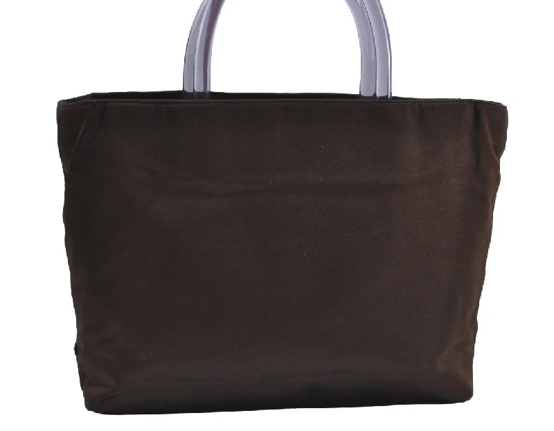 Prada tote bags with a double - handle and shoulder - strap option for easy useAuthentic PRADA Satin Plastic Hand Bag Purse Brown K3895