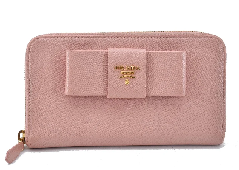 Ladies Prada handbags with a detachable wallet inside for added convenienceAuthentic PRADA Saffiano Ribbon Leather Long Wallet Purse Pink 2777F