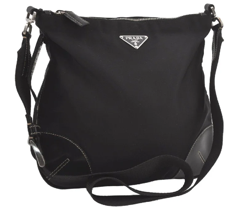 Ladies Prada Galleria bags with a textured leather surface for a more tactile lookAuthentic PRADA Nylon Tessuto Leather Shoulder Cross Body Bag Purse Black 6336I