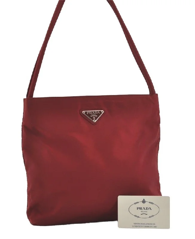 Prada bags with a zip - top closure and multiple interior pockets for organizationAuthentic PRADA TESSUTO CITY Nylon Shoulder Hand Bag B6243 Bordeaux Red 3963I