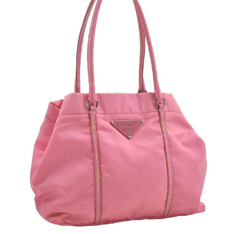 Prada handbags with a perforated leather detail for a unique and breathable designAuthentic PRADA Nylon Tessuto Leather Shoulder Hand Tote Bag Pink 5105I