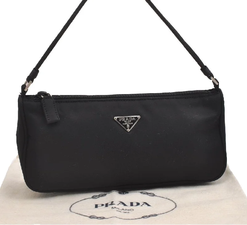 Prada handbags with a beaded trim for a touch of glamour and eleganceAuthentic PRADA Vintage Nylon Tessuto Hand Bag Pouch Purse Black 1844I