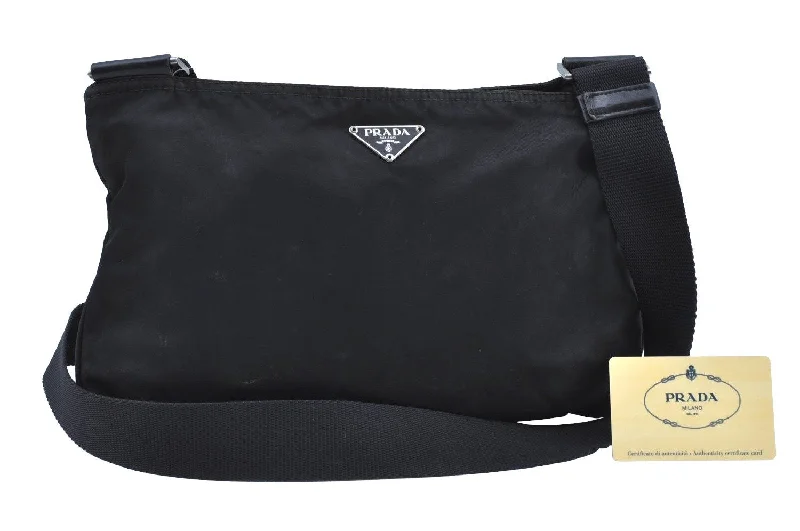 Prada Cleo bags with a snakeskin - effect panel for a bold and trendy lookAuthentic PRADA Nylon Vela Sport Leather Shoulder Cross Bag BT0174 Black 0402E