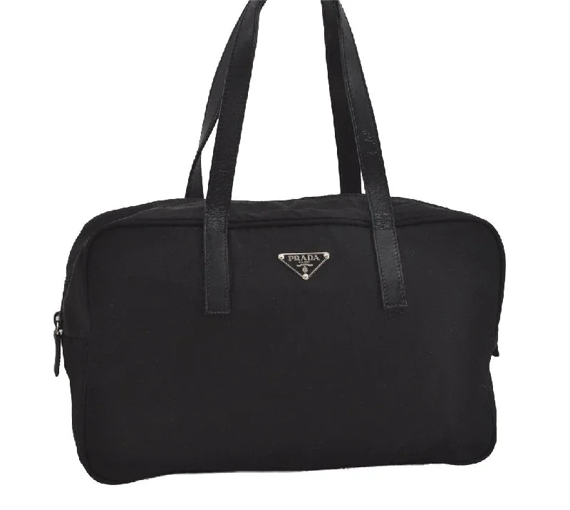 Ladies Prada Galleria bags with gold - toned hardware for a luxurious touchAuthentic PRADA Nylon Tessuto Leather Shoulder Hand Boston Bag Purse Black 2393I