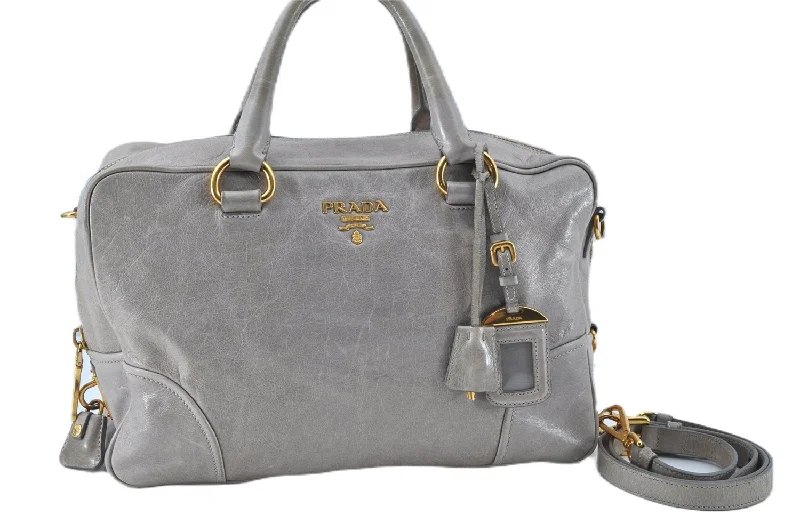 Ladies Prada shoulder bags with a wide - width strap for enhanced comfortAuthentic PRADA Leather Nappa 2Way Shoulder Hand Bag Light Gray J7014