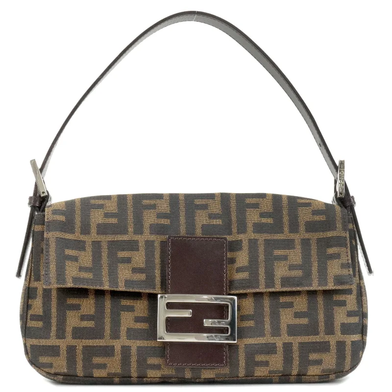 Fendi tote bags with a double - zip closure for enhanced securityFENDI Zucca Mamma Baguette Canvas Leather Shoulder Bag 26424