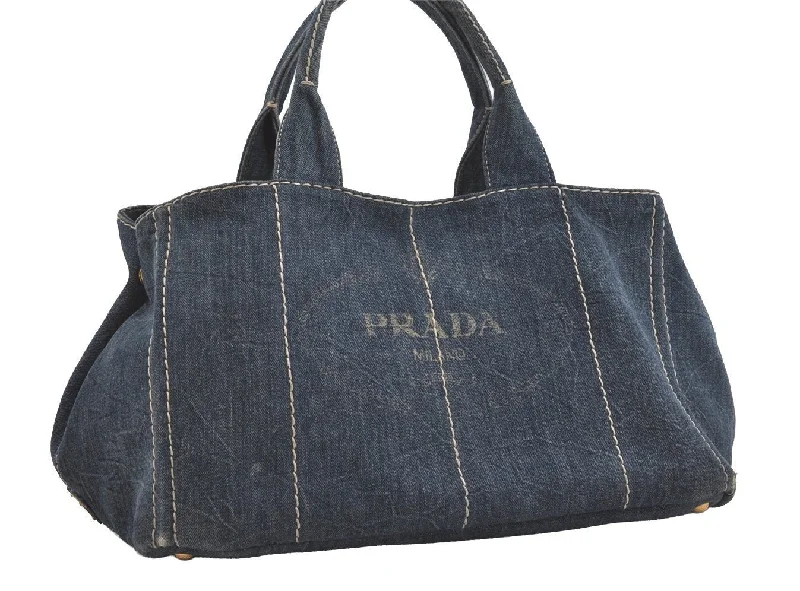 Prada Galleria bags with a structured silhouette for a professional lookAuthentic PRADA Canapa L Canvas Tote Hand Bag Denim Blue 6194I