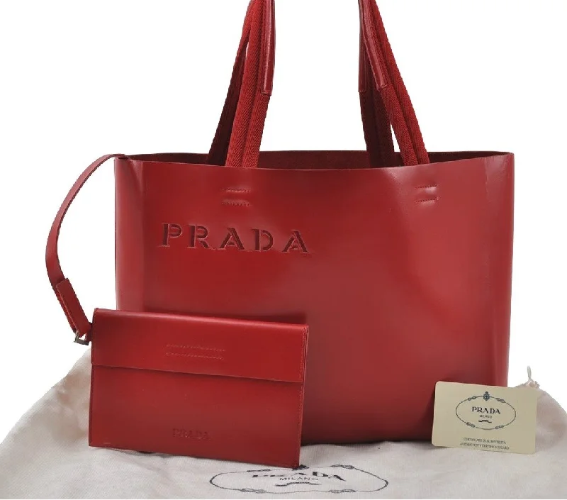 Prada nylon backpacks with a padded laptop compartment for travel and studyAuthentic PRADA Vitello Shoppin Leather Nappa Shoulder Tote Bag B9029 Red 5292I