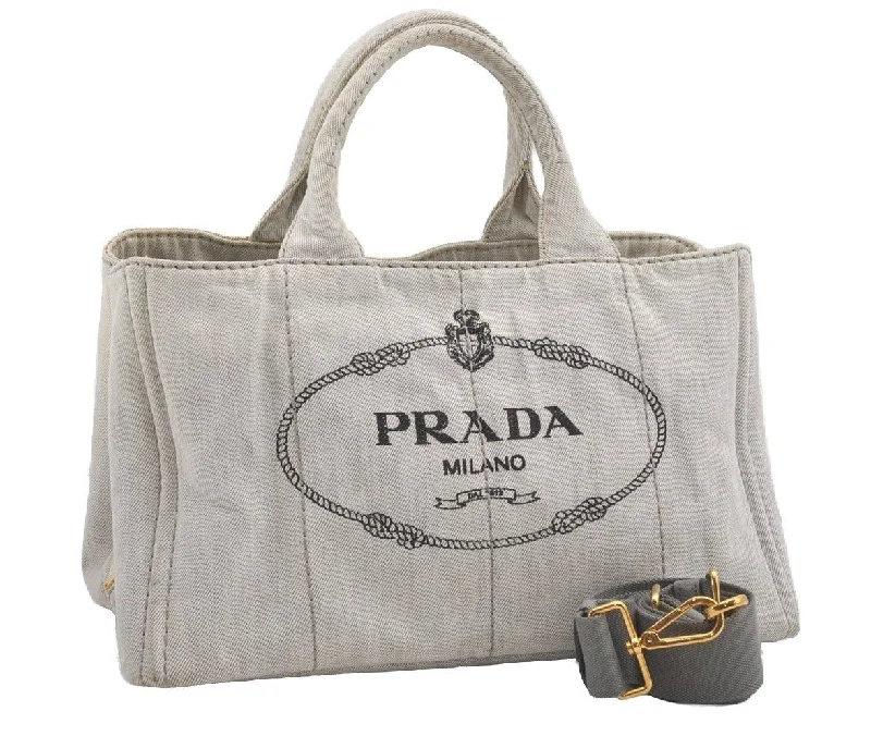 Prada bags with a zippered interior pocket for separating itemsAuthentic PRADA Vintage Canapa M Denim 2Way Shoulder Hand Bag White 6622I