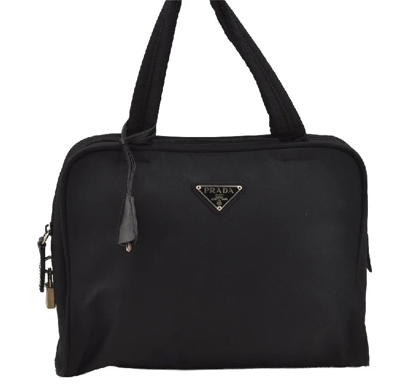 Prada Cahier bags with a leather - wrapped handle for a luxurious feelAuthentic PRADA Vintage Nylon Tessuto Leather Tote Hand Bag Purse Black 6682I