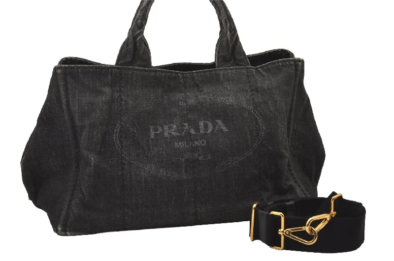 Prada bags with a back - zip pocket for storing valuables securelyAuthentic PRADA Vintage Canapa M Denim 2Way Shoulder Hand Bag Gray 3176I