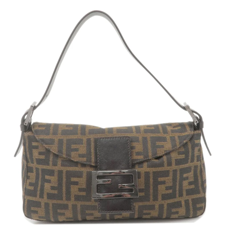 Fendi bags with a touch - screen - friendly pocket for using devices without taking them outFENDI Zucca Mamma Baguette Canvas Leather Shoulder Bag 8BR003