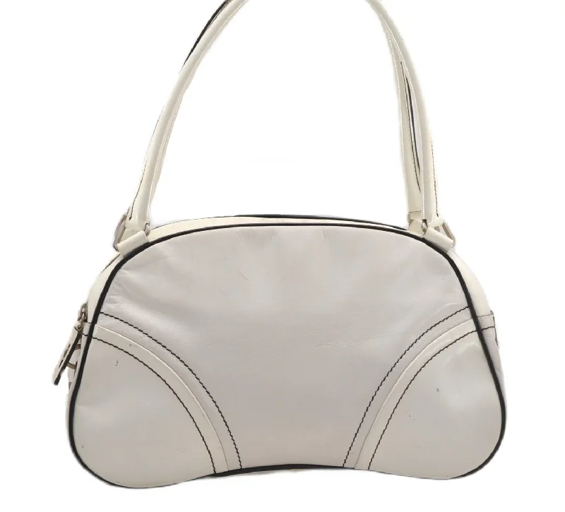 Prada handbags with a metal - framed clasp for durability and styleAuthentic PRADA Vintage Leather Shoulder Hand Bag Purse White 1877G