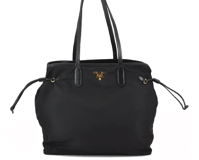 Prada bags with a chain - link trim and a leather body for a modern and stylish edgeAuthentic PRADA Nylon Tessuto Saffiano Leather Shoulder Tote Bag Black 6912F