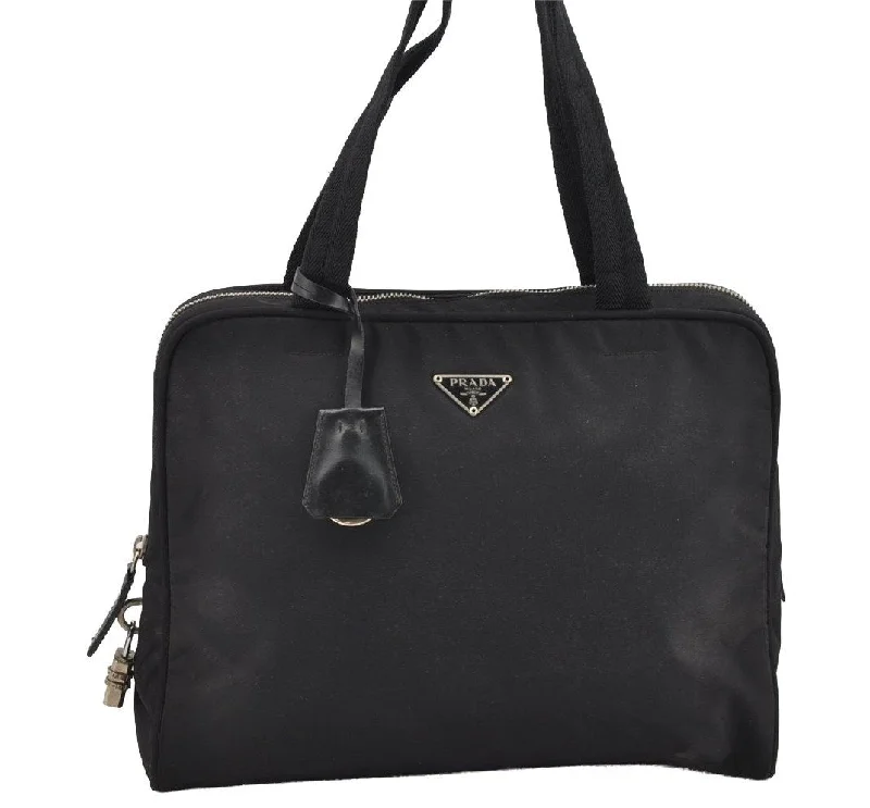 Ladies Prada Galleria bags with gold - toned hardware for a luxurious touchAuthentic PRADA Vintage Nylon Tessuto Shoulder Hand Bag Black 4099I