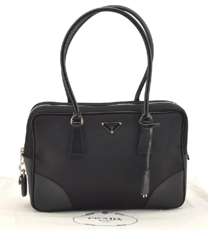 Prada bags with a back - zip pocket for storing valuables securelyAuthentic PRADA Nylon Tessuto Saffiano Leather Shoulder Hand Bag Black 4860I