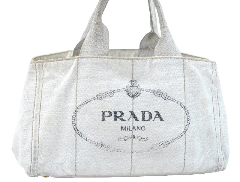 Ladies Prada shoulder bags with a wide - width strap for enhanced comfortAuthentic PRADA Canapa M Vintage Canvas Tote Hand Bag White 3547I