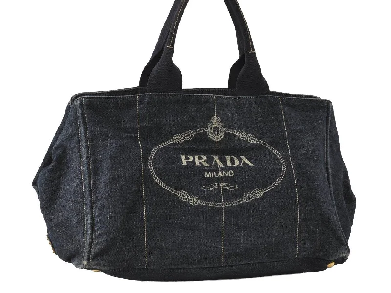 Prada Cahier bags with a detachable shoulder strap for versatile carryingAuthentic PRADA Canapa L Vintage Canvas Tote Hand Bag Denim Blue 4852I