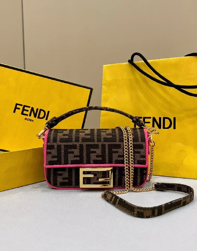 Fendi crossbody bags with a faux fur trim for a warm and stylish winter accessoryFendi Baguette Small Brown Fabric Pink Border Bag For Woman 18cm/7in