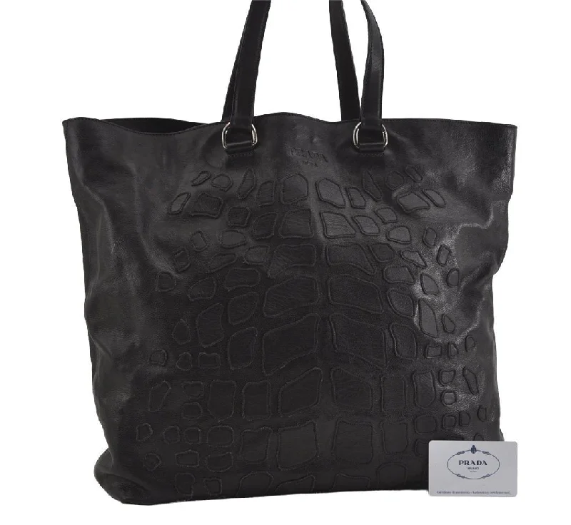 Prada bags with a back - zip pocket for storing valuables securelyAuthentic PRADA Glace Calf 2 Leather Nappa Shoulder Tote Bag VA0790 Black 1325I