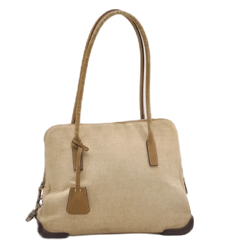 Prada Cahier bags with a detachable shoulder strap for versatile carryingAuthentic PRADA Vintage Canvas Leather Shoulder Tote Bag Purse Beige 0891G