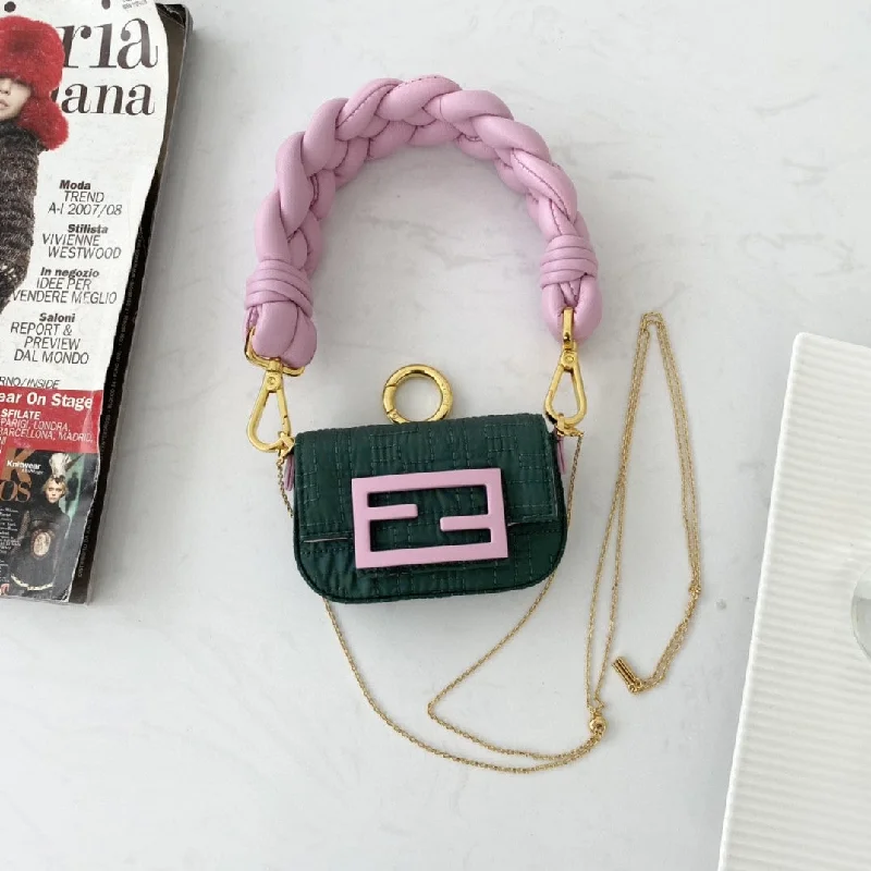 Ladies Fendi Peekaboo bags with a detachable shoulder strap for different carrying optionsFendi Nano Baguette Maxi Handle Pink and Green Bag