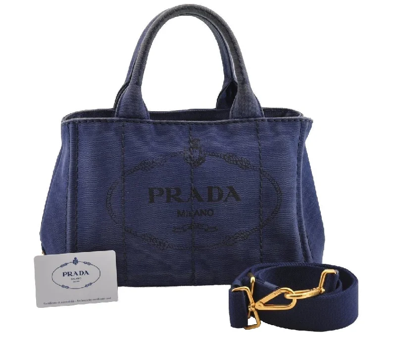 Prada bags with a snap - button closure and a decorative charm for a fashionable lookAuthentic PRADA CANAPA SS Denim 2Way Shoulder Hand Bag B2439G Navy Blue 3323I