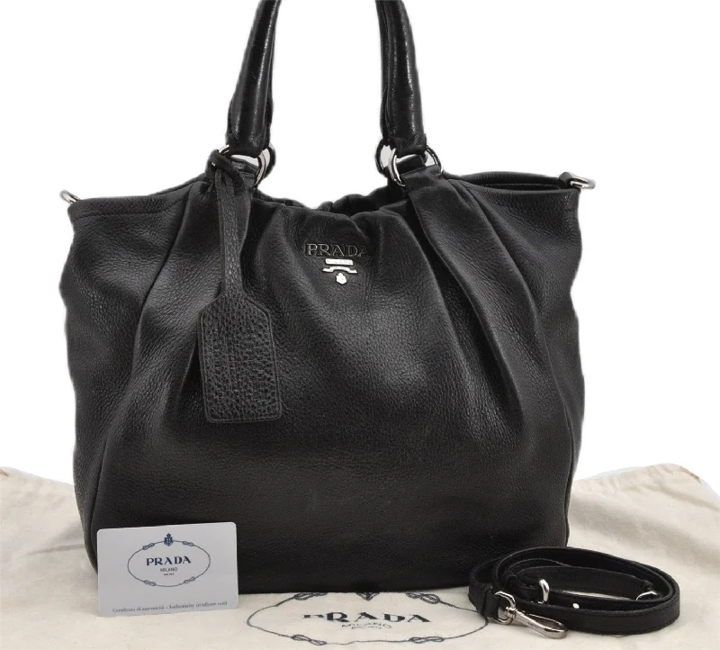 Prada bags with a detachable mirror inside for quick touch - upsAuthentic PRADA Cervo Antik Leather 2Way Shoulder Tote Bag BN1718 Black 7840F