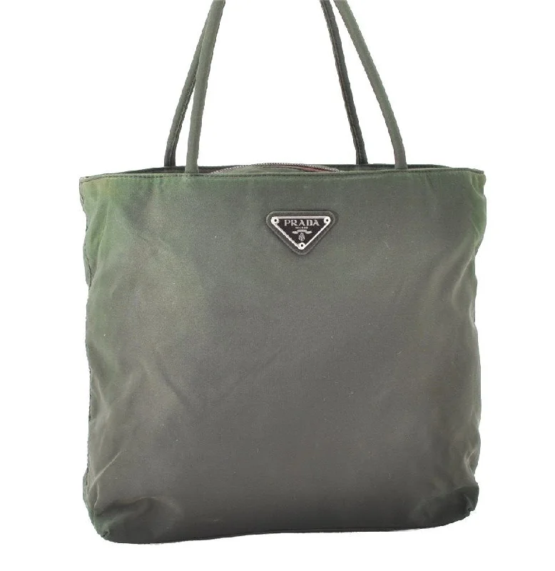 Prada Cleo bags with a curved shape and a chain - link shoulder strapAuthentic PRADA Vintage Nylon Tessuto Tote Hand Bag Purse Green 3244I