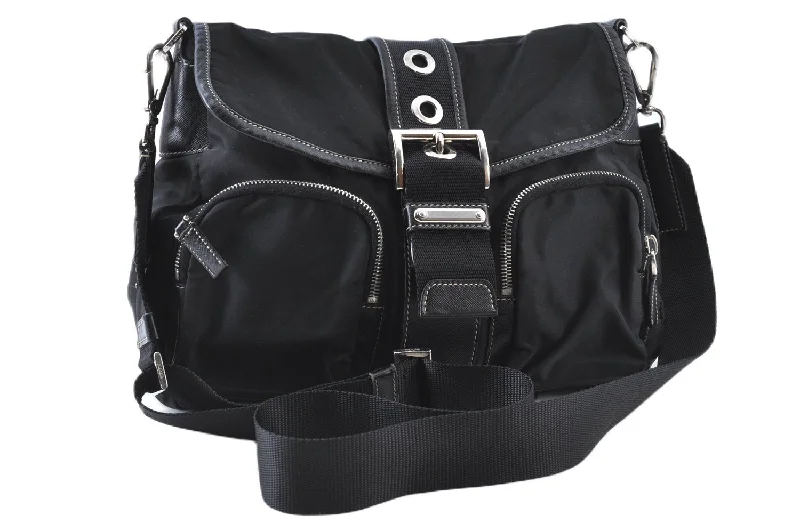 Prada crossbody bags with adjustable nylon straps for comfort and durabilityAuthentic PRADA Nylon Tessuto Leather Shoulder Cross Body Bag Purse Black J7697