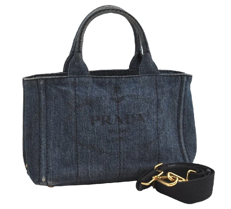 Prada tote bags with a printed Prada logo on the front for brand visibilityAuthentic PRADA Vintage Canapa SS Denim 2Way Shoulder Hand Bag Purse Blue 1164I