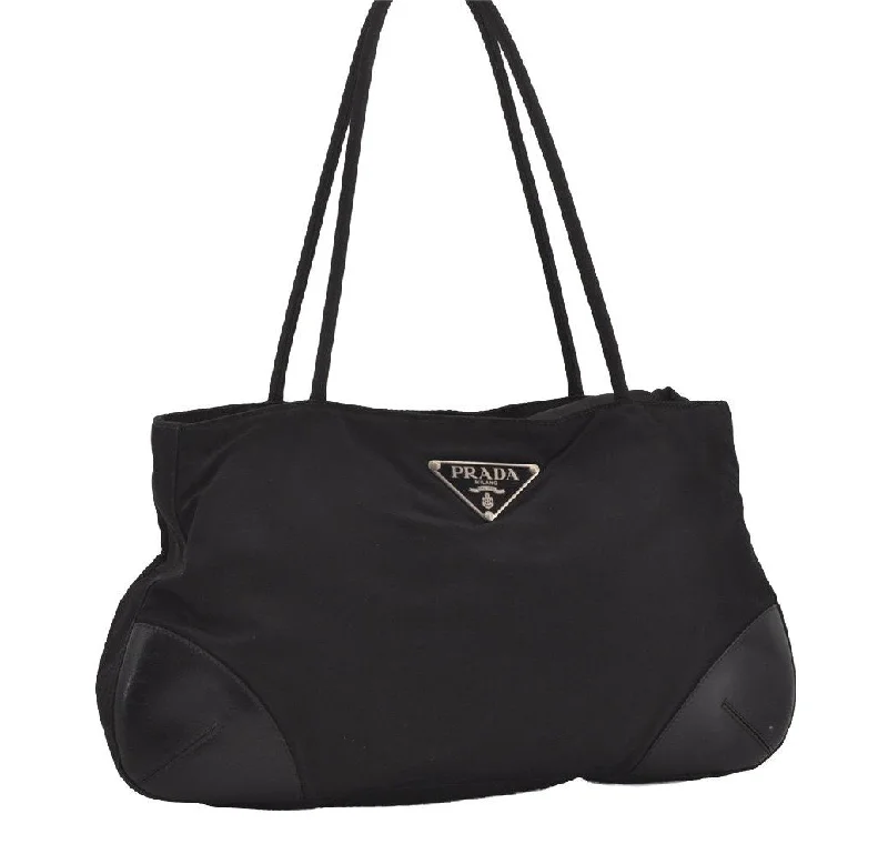 Prada handbags with a patent - leather finish for a shiny and sophisticated appearanceAuthentic PRADA Nylon Tessuto Leather Shoulder Hand Bag Purse Black 3264I