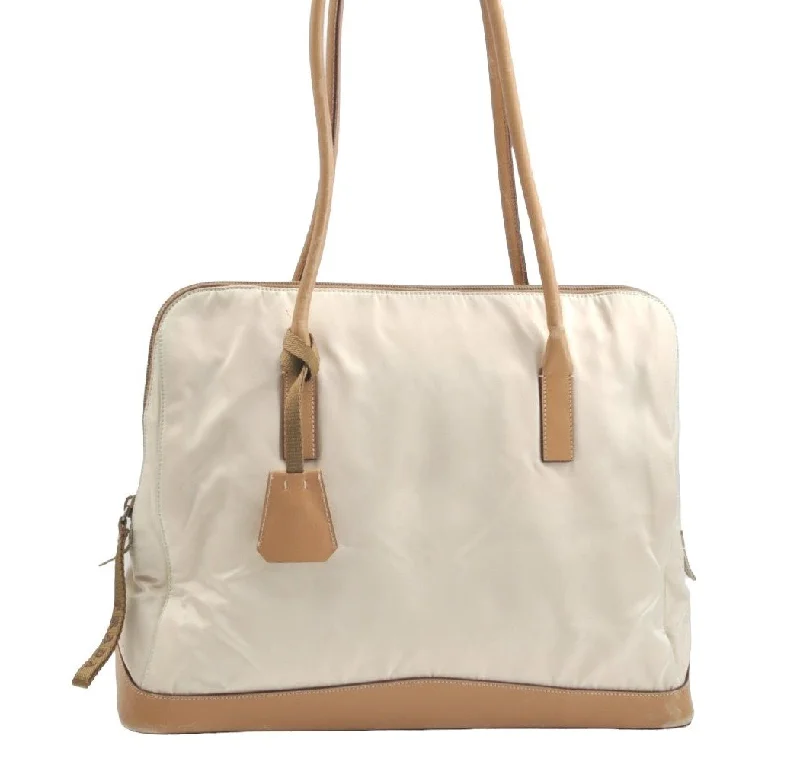 Prada tote bags with a spacious interior and a magnetic - snap closureAuthentic PRADA Nylon Tessuto Leather Shoulder Tote Bag Beige K5225