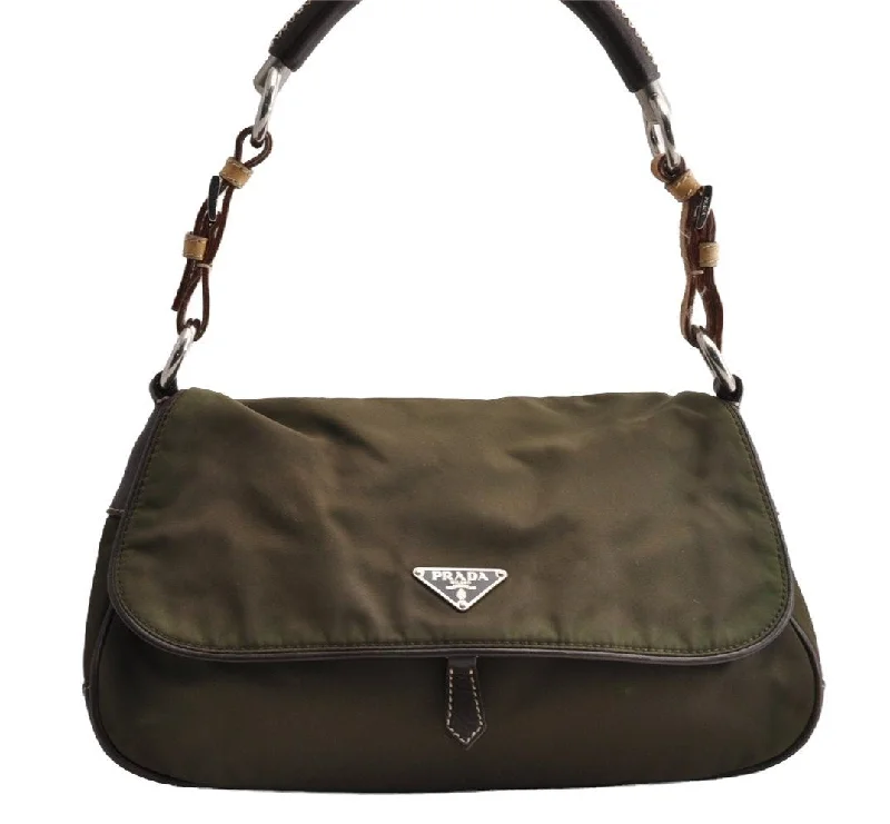 Prada tote bags with a spacious interior and a magnetic - snap closureAuthentic PRADA Nylon Tessuto Leather Shoulder Hand Bag Purse Khaki Green 5265I