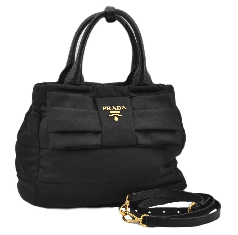 Prada nylon backpacks with a sleek, minimalist appearanceAuthentic PRADA Nylon Tessuto Leather 2Way Shoulder Hand Bag Black 8240F