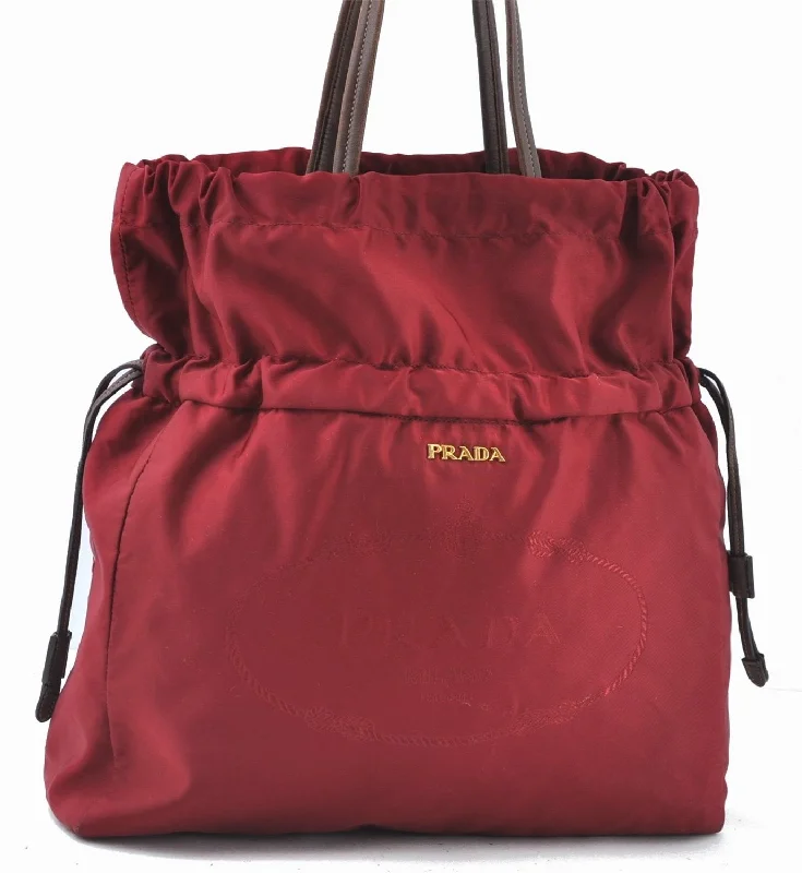 Prada bags with a chain - link trim and a leather body for a modern and stylish edgeAuthentic PRADA Nylon Tessuto Leather Shoulder Tote Bag Puesr Red J6379