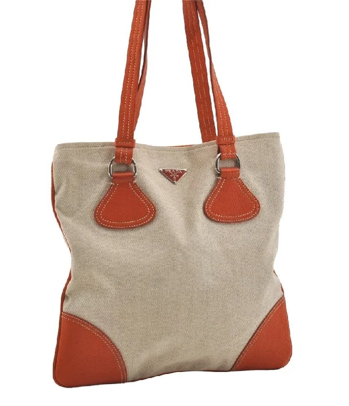 Prada handbags with a metal - framed clasp for durability and styleAuthentic PRADA Vintage Canvas Leather Shoulder Tote Bag Beige Orange 3528I