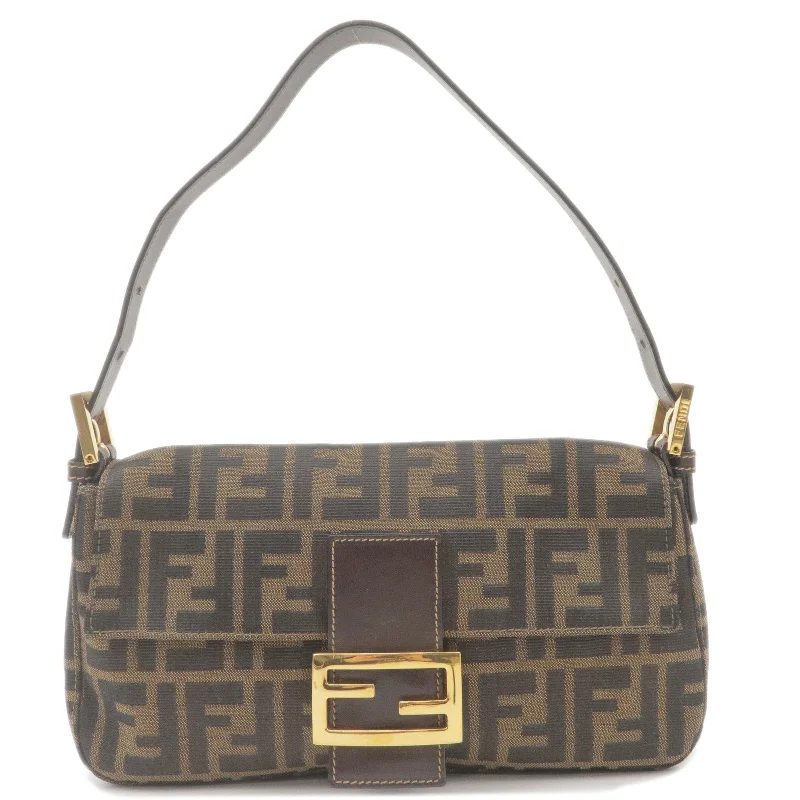 Fendi By The Way bags with a laser - cut leather detail for a modern and intricate lookFENDI Zucca Mamma Baguette Canvas Leather Shoulder Bag 8BR000