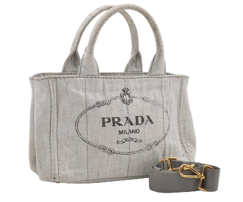 Ladies Prada shoulder bags with a wide - width strap for enhanced comfortAuthentic PRADA Vintage Canapa SS Denim 2Way Shoulder Hand Bag Purse White 6510I