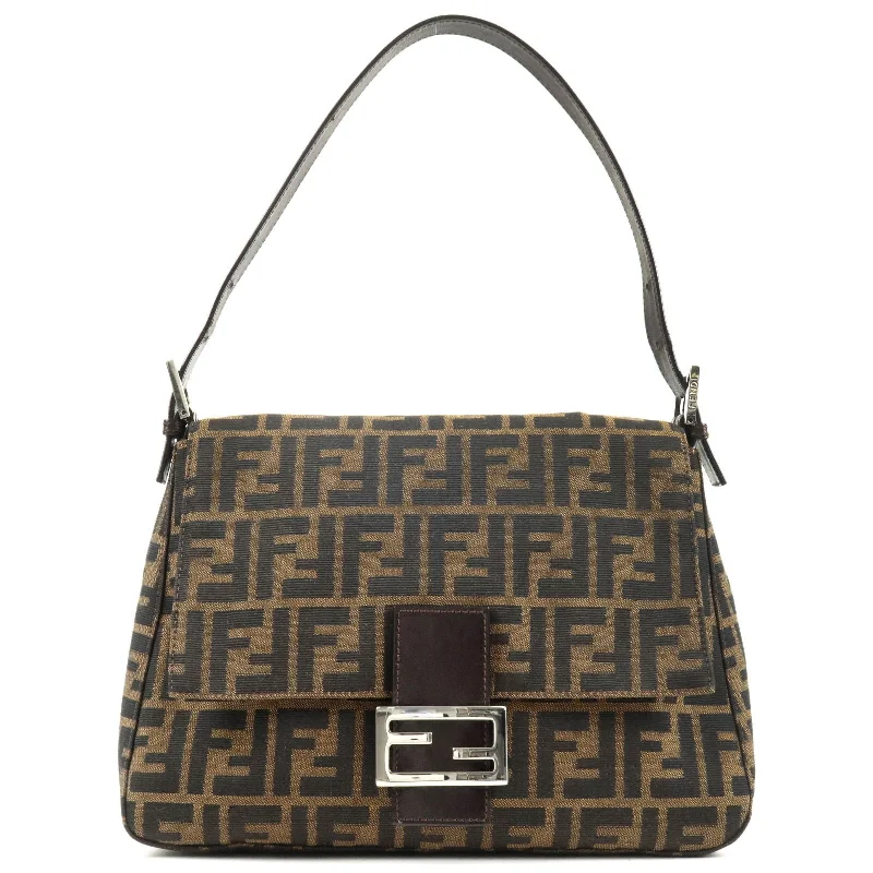 Fendi crossbody bags with a faux fur trim for a warm and stylish winter accessoryFENDI Zucca Mamma Baguette Canvas Leather Shoulder Bag 26325