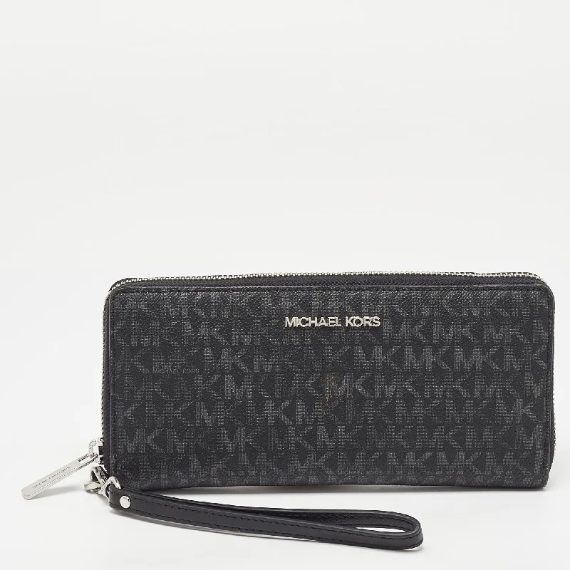 Michael Michael Kors Bags for book club meetings in a classic mannerBlack/Grey Signature Coated Canvas Zip Around Wallet