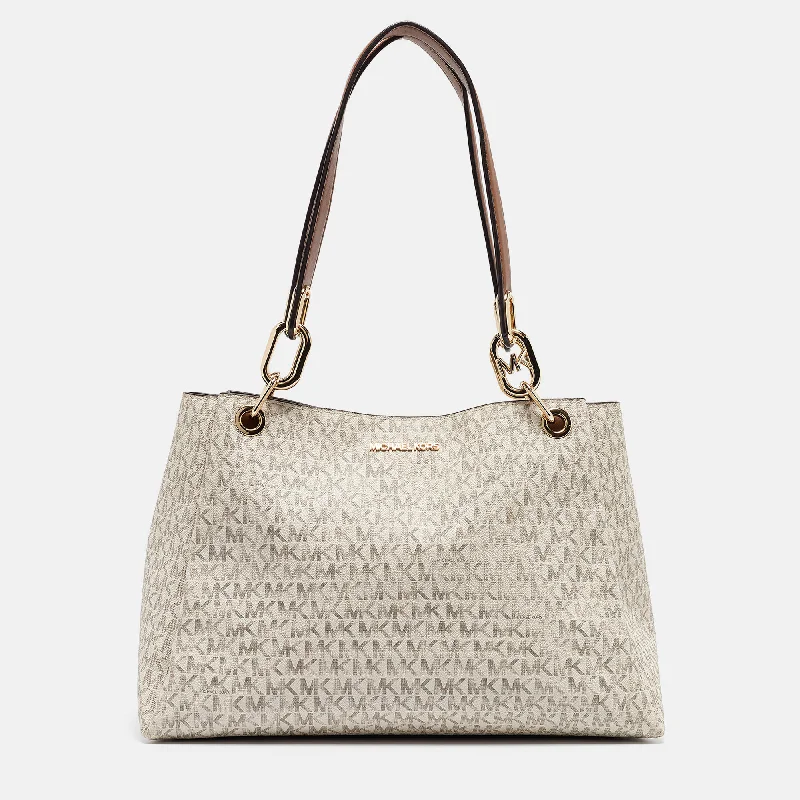 Michael Michael Kors Bags for job fairs to make a memorable impressionWhite/Brown Signature Coated Canvas and Leather Trisha Tote