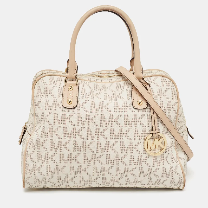 Michael Michael Kors Bags for weddings as a stylish accessoryBeige/White Signature Coated Canvas and Leather Charm Satchel