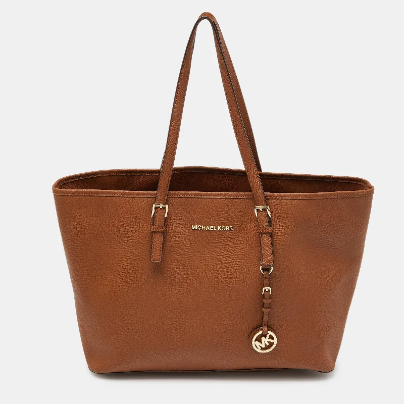 Michael Michael Kors hobo bags with adjustable straps for comfortable carryingBrown Leather Jet Set  Shopper Tote