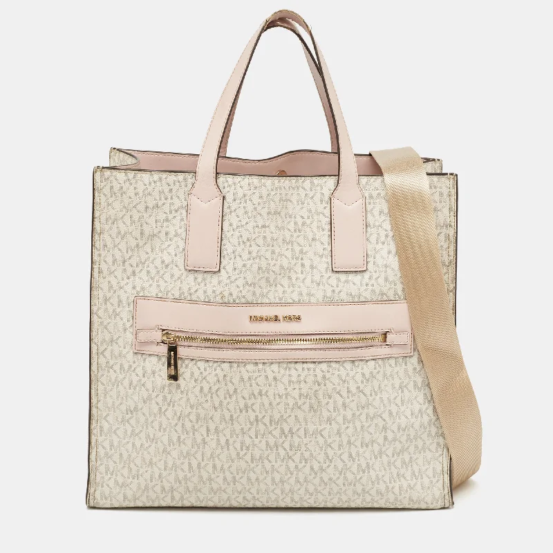 Michael Michael Kors Bags for horse - riding events in a functional and fashionable designOff White/Pink Signature Coated Canvas Large Kenly Tote