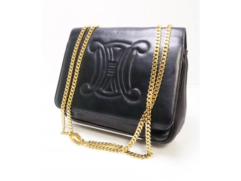 Metallic Celine Bags for a Statement - Making LookAuthentic Pre-owned Celine Vintage Gold Chain Black Leather Logo 2-length Shoulder Bag Italy 193003