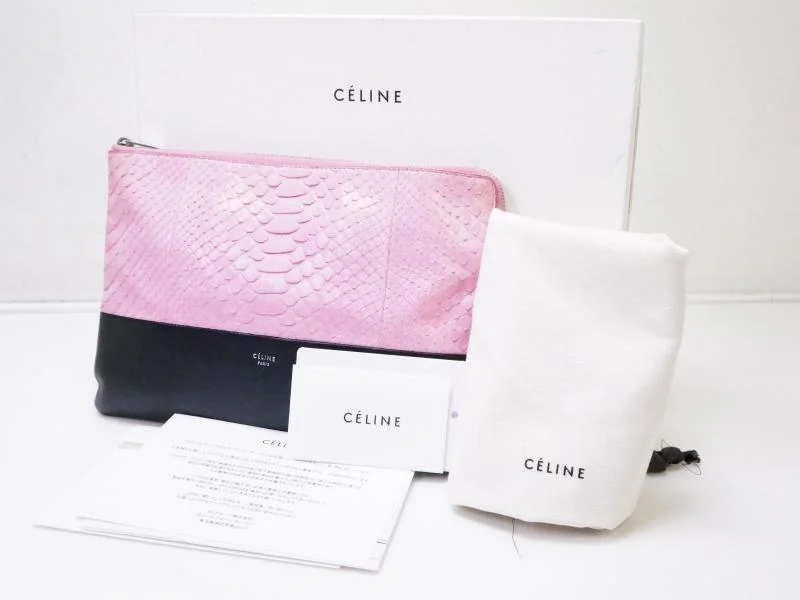 Celine Bags with Multiple Compartments for OrganizationAuthentic Pre-owned Celine Pink and Black Crocodil Leather Clutch Bag Pouch 200394